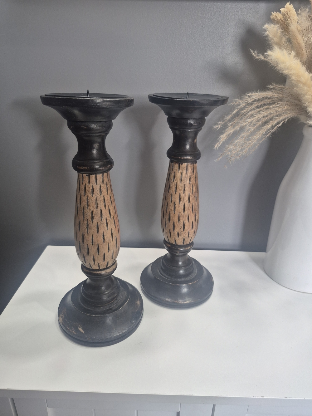 Rustic Black and Natural Wood Candle Holders Set Of 2